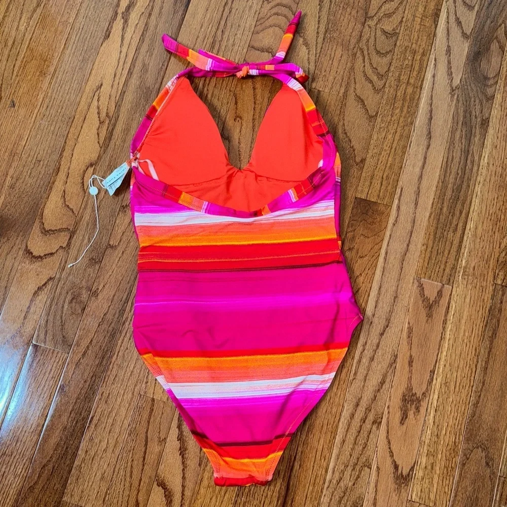 Trina Turk Solstice Stripe Halter Plunge One Piece Swimsuit Size 10 NEW